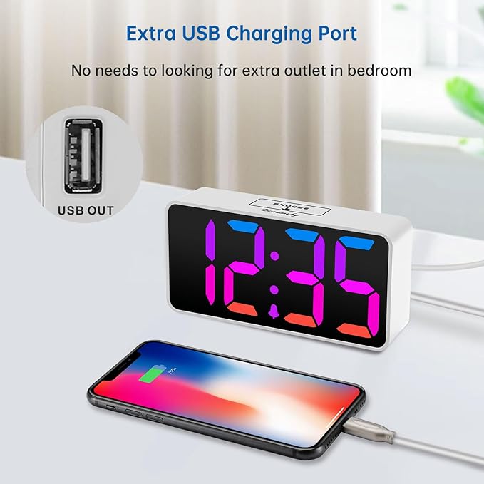 DreamSky Super Loud Alarm Clock for Heavy Sleepers - RGB Small Digital Clock for Kids Bedroom Bedside Nightstand, Electric Desk Clock with Large Number, Dimmer, Adjustable Volume, USB-C Powered