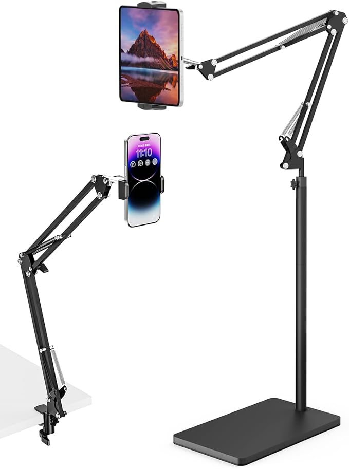 mmcrz Tablet Floor Stand with 11lb Stable Base & Desk Clamp, Adjustable Height Stretchable Arm Swivel Dual Holder, Compatible with iPhone, iPad Pro Air Mini, Galaxy Tab, Kindle, Phones (4.5''-13'')