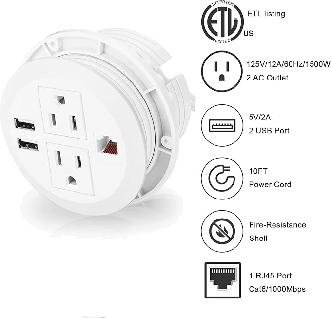 Power Grommet 3 Inch for Desktop, Recessed Desk Outlet with 2USB, 2 AC, 1 Network RJ45 Port & 10Ft Cord, Flush Mount Power Strip Table Power Hub for Countertop, Office, Furniture(White)