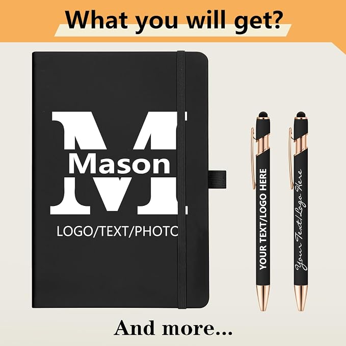 ENOMY Personalized Notebook & 10 PC Pens Gift Set Custom Notebook Journal A5 200 Pages A5 Lined Journal for Men Women Hardcover Notebooks for Work College Graduation Gifts, Gold