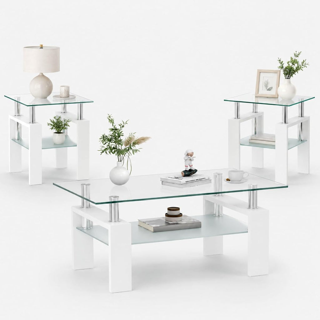 3-Piece Coffee Table Set, Glass Coffee Table with 2 End Tables