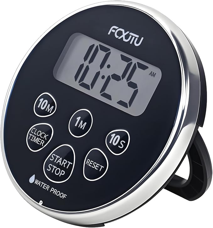 FCXJTU Digital Waterproof Shower Clock Timer, Bathroom Shower Countdown Timer for Kitchen Cooking with Alarm, Magnetic Back, Stand Silver Black
