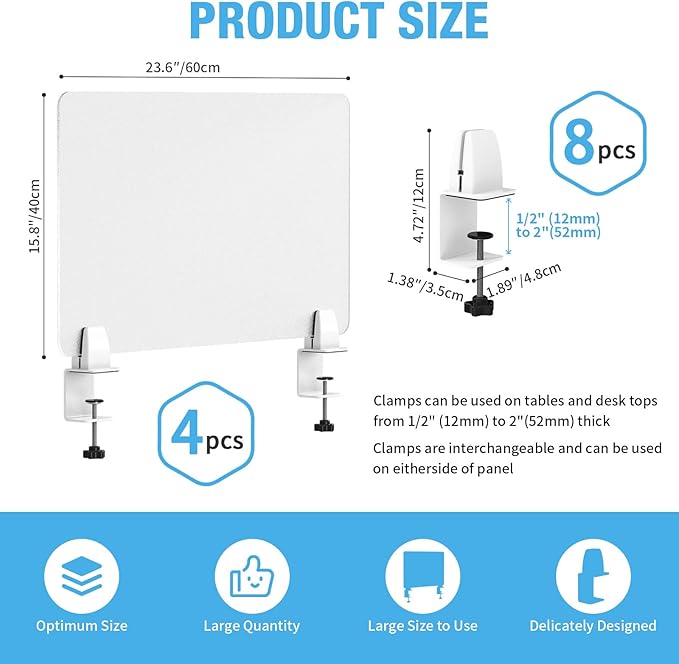 Desk Divider 4 Pcs Desk Privacy Panel 23.6''L x 15.8W'' Office Partitions Frosted Acrylic Panel Pack of 4 Desk Divider Partition with Adjustable Universal Base