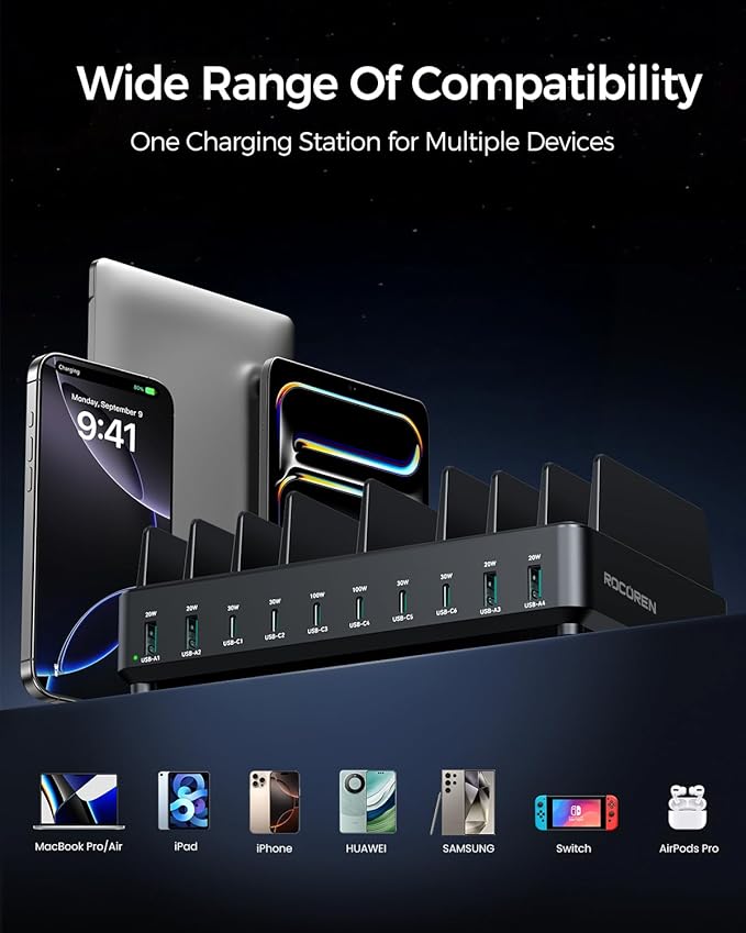 400W Charging Station for Multiple Devices, 10 Port Double PD 100W USB C Charging Station with 6 Cables, Multi-Device Organizer Fast Charging Dock for MacBook, iPad, iPhone, Cell Phone, Tablet