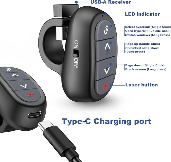 (2 Units) Presentation Clicker PowerPoint Wireless Presenter Remote: Laser Pointer Finger Ring Computer Project Power Point PPT Clicker for Laptop Office, Slideshow Google Slide Advancer Rechargeable