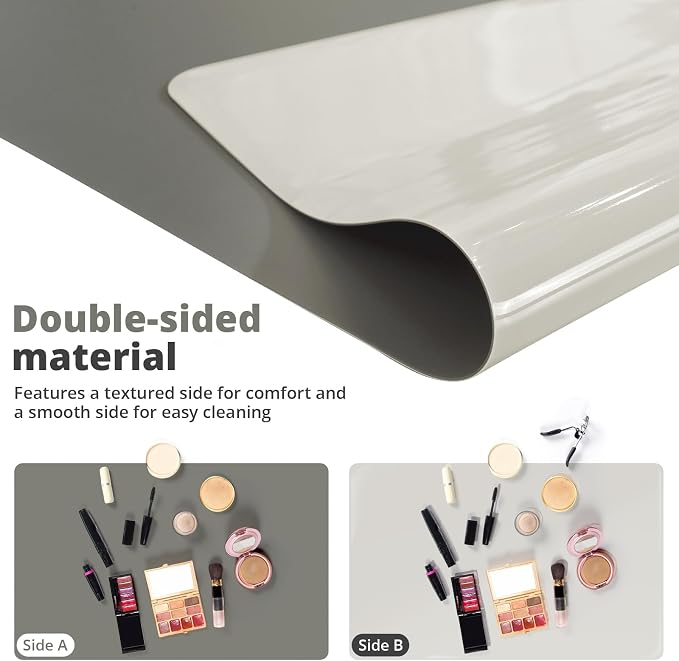 LovePads Makeup Mat for Vanity, 14 x 24 Dual-Sided Desk Pad & Vanity Cover Top, Waterproof PVC Protector Mat for Dresser, Nail Art, Craft Table (Dark Grey+Grey)