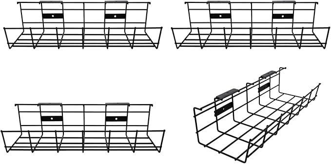 Under Desk Cable Management- 4 Pack Cord Organizer. Metal Wire Cable Management Tray for Office, Studio and Home. Super Sturdy Under Table Cable Managements - Black Cable Organizer