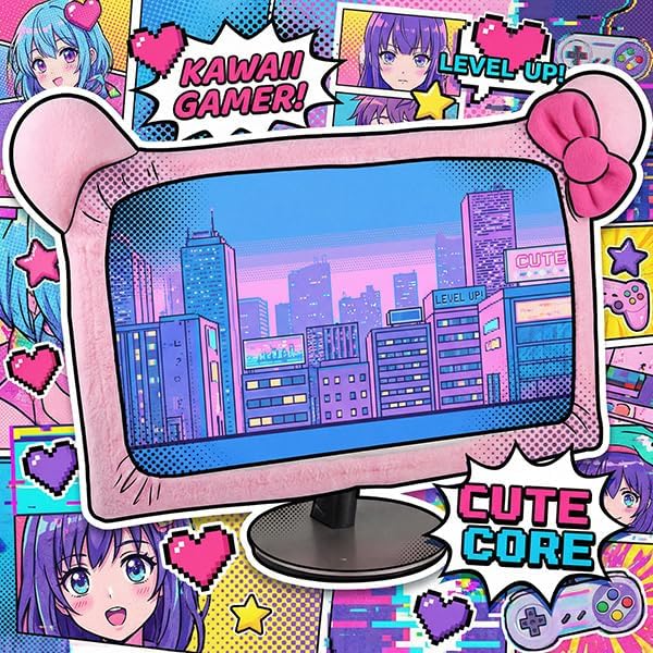 Monfurise 1 Pcs Cute Cat Ear Computer Monitor Cover, Kawaii Pink Dustproof Screen Protector for 20-29 Inch Display, Soft Elastic Fabric Monitor Dust Cover for Girl Gamers, Home Office Desk Decor