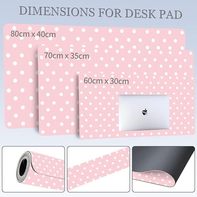 White Polka Dot Leather Desk Mat Extended Gaming Mouse Pad | Non-slip Large Writing Pad Laptop Blotter Computer Keyboard Mat | Cute Pink Desk Protector for Home Office 31.5" x 15.7"