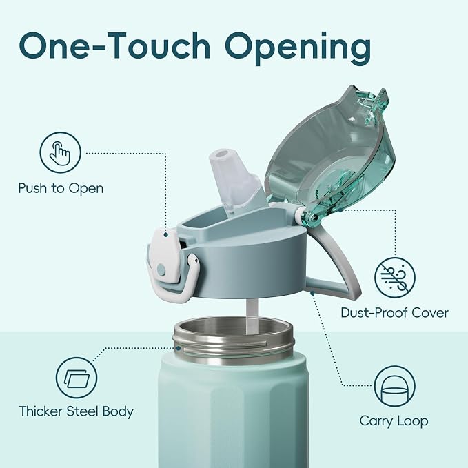 Konokyo FLOWPLAY 22oz Locking Push-Button Water Bottle with Silicone Spout,Leak-Proof,18/8 Stainless Steel Double-Wall Vacuum Insulated for Sports and Travel,BPA-Free,Ocean Dream