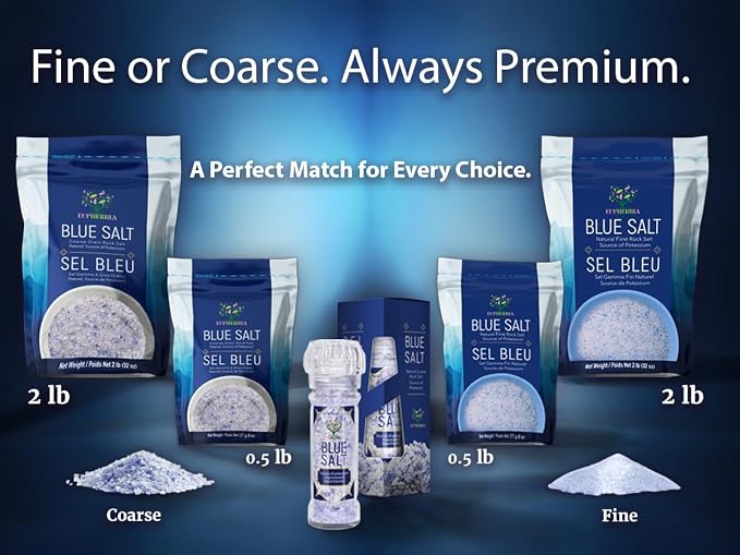 EUPHERBIA Blue Salt, Fine Grind, Rare Mineral Salt, High Potassium, Lower Sodium, Natural, Unprocessed, Hand Harvested, Kosher Certified (227g Fine Grind)