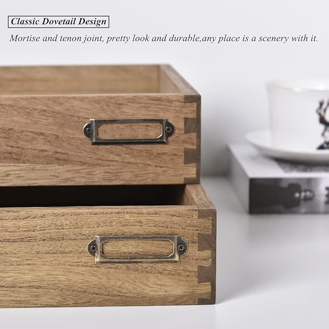 KIRIGEN Wooden Stackable Office Letter Organizer Desk Tray Pack of 2 - Wood Two Tier Tray for Desktop Organizeration with Metal Label Card Holder - Inbox Tray for Desk,Dark Brown 2TTP-DBR