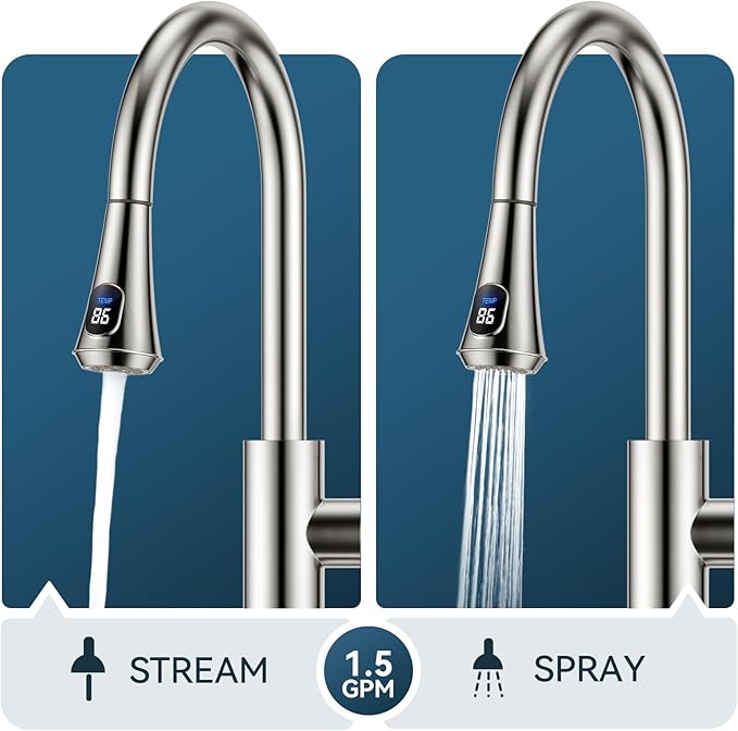 FORIOUS LED Kitchen Faucet with Pull Down Sprayer, Brushed Nickel, Single Handle Modern Stainless Steel Sink Faucet with Temperature Digital Display, Suitable for Farmhouse Camper Rv Bar