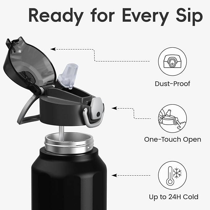Konokyo FLOWPLAY 40oz Locking Push-Button Water Bottle with Silicone Spout,Leak-Proof,18/8 Stainless Steel Double-Wall Vacuum Insulated for Sports and Travel,BPA-Free,Black