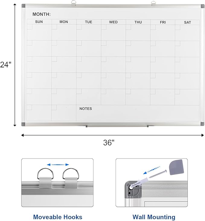 Comix Magnetic Dry Erase Calendar Whiteboard, 36 x 24 Inches Monthly Calendar Dry Erase Board for Wall, Aluminum Frame Planner White Board with Dry Erase Markers, Eraser, Magnets