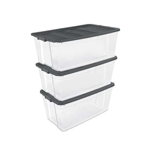 Sterilite 3-Pack Modular Stacker Box, Durable Clear Plastic Storage Bins with Latching Lids, 200 Quart - Stackable Organizing Container Boxes for Closet, Bathroom, and Office