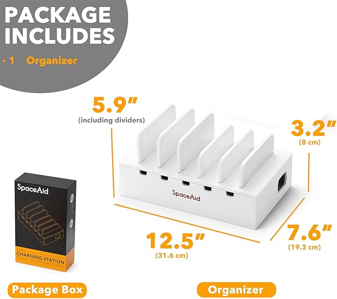 SpaceAid Bamboo Charging Station for Multiple Devices, Cell Phone Docking Stations for Multi Laptop, Tablets and iPads, Nightstand Bedside Desk Device Charger Organizer (White)
