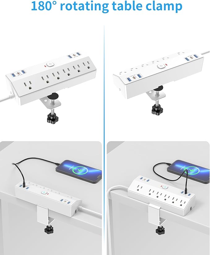 Desk Clamp Power Strip, 40W Fast Charging Station, Desktop Mount Surge Protect with 6 Outlets 6USB Ports (2USB C), Removable Power Strip Fits 1.8" Tabletop Edge, 10Ft Extension Cord for Home Office