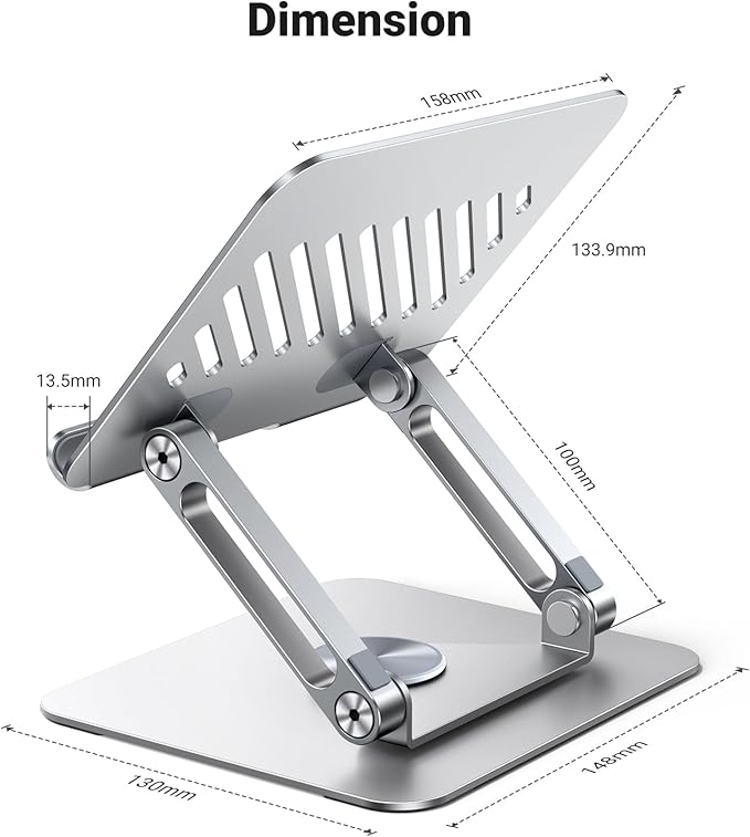 UGREEN Tablet Stand Holder for Desk with 360° Rotating Base Aluminum Dual Rod Support Adjustable Home Office Accessories Compatible with iPad Pro 13 12 11 Air Mini 5 4 3 Phone E-Reader Silver
