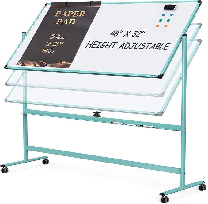 Rolling Whiteboard, 48x32 Inches Dry Erase Board with Stand, Magnetic Mobile Whiteboard on Wheels, Standing White Board for Office, School, Home, Large Double Sided White Board with Paper Pad