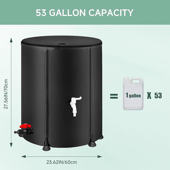 Collapsible Rain Barrel Water Storage Containers-53 Gallon Portable Rainwater Collect System Water Tank to Collect Rainwater from Gutter Downspout Water Catcher with Spigots,Filter＆Overflow Kits