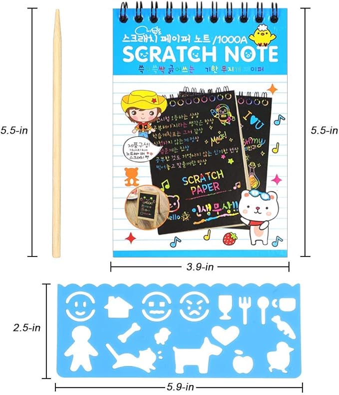 POKONBOY 16 Pack Scratch Arts and Crafts Notebooks, Scratch Note Pads for Kids Rainbow Party Favors Coloring Books for Kids Art Party Supplies Stocking Stuffers（16 Wooden Stylus & 4 Drawing Stencils）