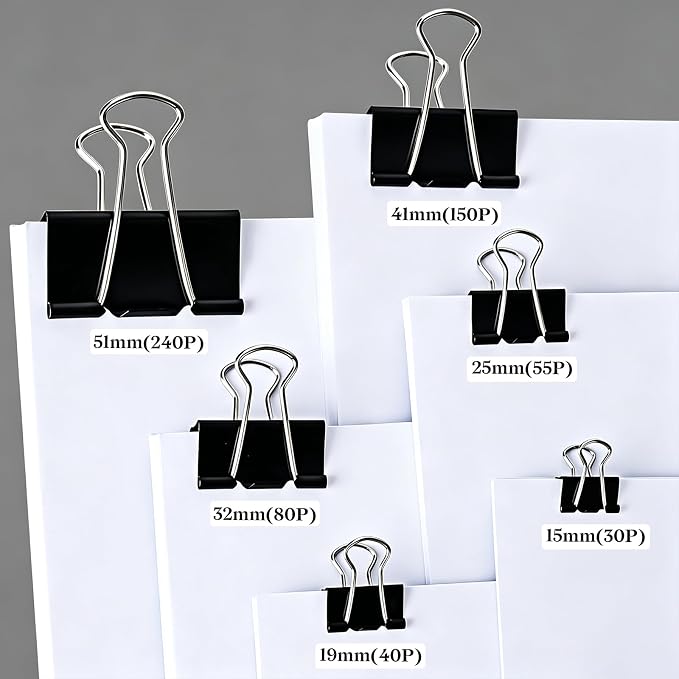 Temiary Binder Clips, Medium Metal Binder Paper Clip Black 1.26Inch, 24 Pcs | Paper Clamps with Clear Storage Container, Binding Paperwork Clamps for School Teachers Office Supplies