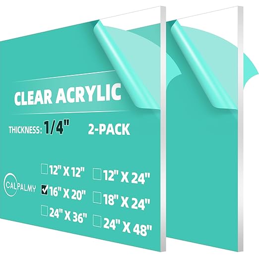 CALPALMY (2 Pack) 1/4" Thick Clear Acrylic Sheets - 16 x 20 Pre-Cut Plexiglass Sheets for Craft Projects, Signs, Display Cases, Sneeze Guard, and More - Cut with Engraver, Power Saw or Hand Tools