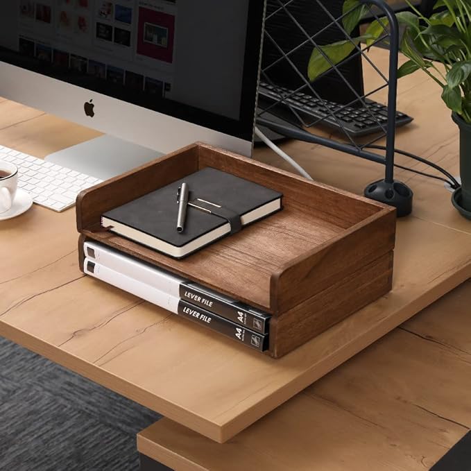 DDYURI Desktop File Trays Stackable Paper Tray for Letter/A4 Size Magazine - Wood Office Document Organizer Shelf - Wooden Folder Organization Rack Desk Tray Pack of 2 Dark(2CTP-DK)