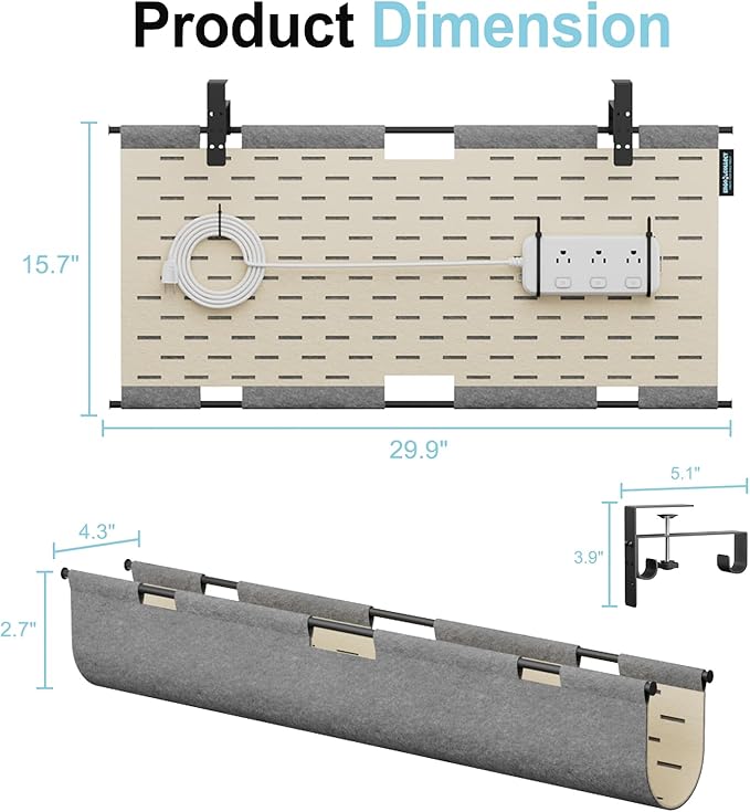 2-in-1 Under Desk Cable Management Tray & Privacy Panel, Dual-Sided Felt Cord Organizer to Hide Wires and Clutter, Desk Mount Cord Holder for Office and Home, Clamp or Screw Mount (Gray/Khaki, 30")