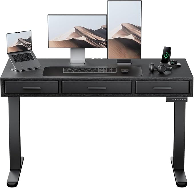HUANUO Electric Standing Desk with Drawers, C-Clamp Mount Compatible, 48 x 24 Inch Height Adjustable Sit Stand Desk, Fabric Drawers, Home Office Stand Up Desk with 4 Custom Height Settings, Black