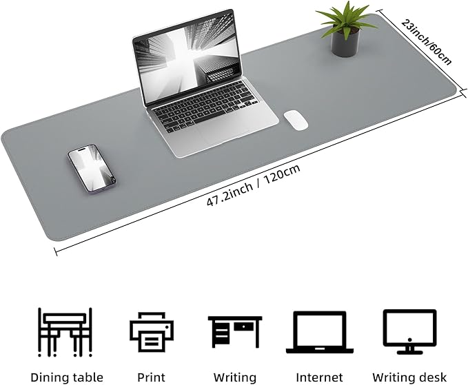 Leather Desk Protector, 47in*23.7in Large Mat with Natural Cork & PU Leather, Mouse Pad, Non-Slip Office Mat, Waterproof Writing Pad for Office and Home (Light Grey)