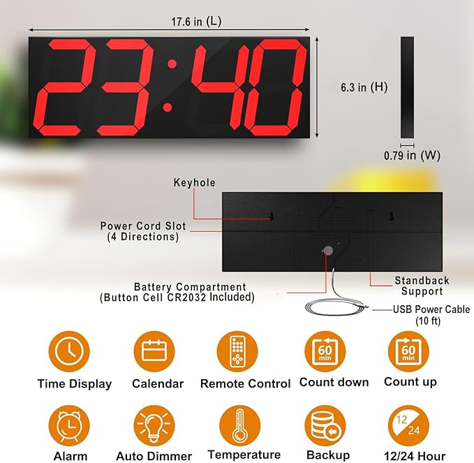 LED Large Digital Wall Clock, Oversize Wall Clock with 6” Numbers, Remote Control Count up/Countdown Timer Clock, Auto Dimmer, Big Calendar and Thermometer(Red)