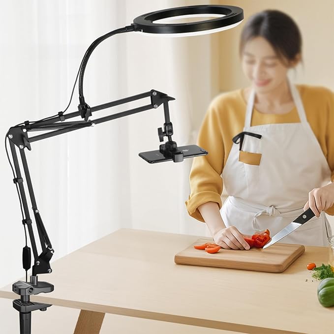 Overhead Camera Mount and Phone Holder with 10” Ring Light Adjustable Desk Tripod Stand Compatible with Logitech Webcam for YouTube, Live Streaming, TikTok, Cooking, Nail Video & Zoom Meetings