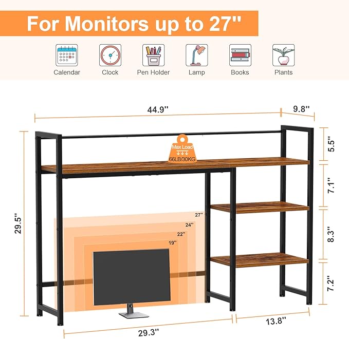 Snughome Desk Shelf, 44.9" Large Desktop Organizer Shelf, Desk Hutch for Computer Monitor, 4 Tier Desk Top Display Rack, Wood Desktop Bookshelf Storage Rack for Home Office Dorm