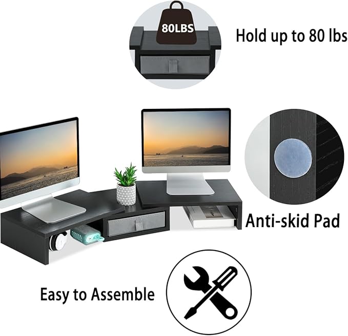 TEAMIX Dual Monitor Stand Riser with Drawer - Length and Angle Adjustable Double Monitor Riser Corner Desk Shelf Organizer 37 inch Long Monitor Riser for 2 Monitors/Laptop/PC/Screen/TV