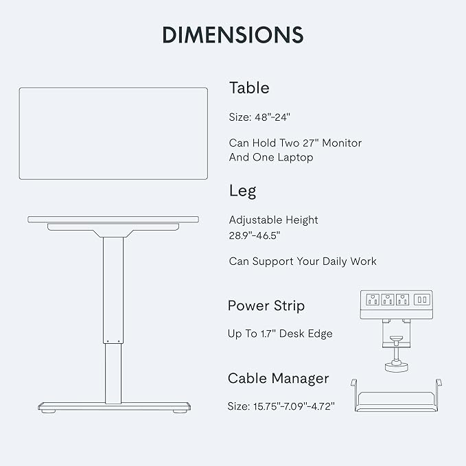 FLEXISPOT EN2 Whole-Piece Standing Desk with Clamp Power Strip, 48x24'' Electric Stand Up Height Adjustable Desk with Cable Management (Black Frame + 48" Black Table Top)