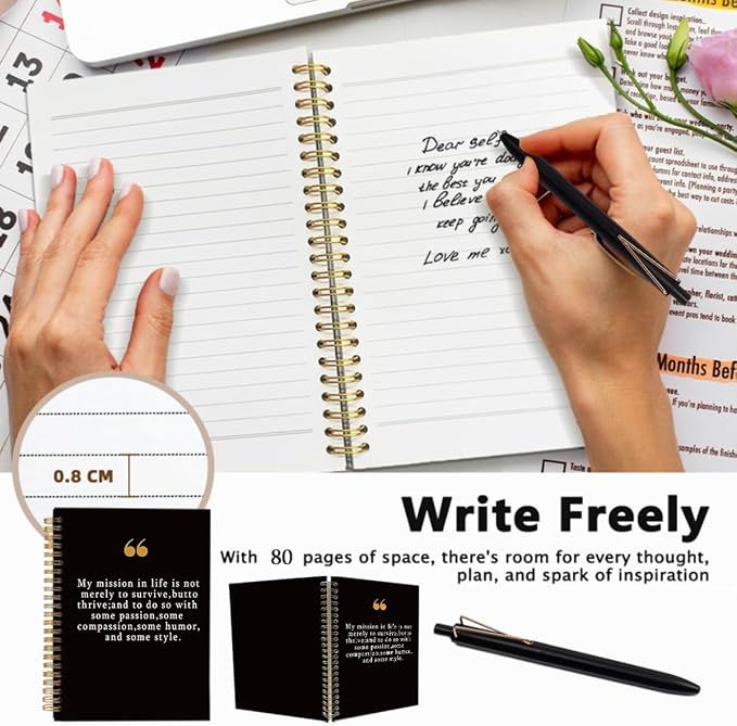 Notebook with Pen Set Positive Affirmations Gifts, A5 Spiral Inspirational Journal for Women Men Kids Friends, 160 Pages College Ruled Inspirational Gifts, Unique Typography Black Diary