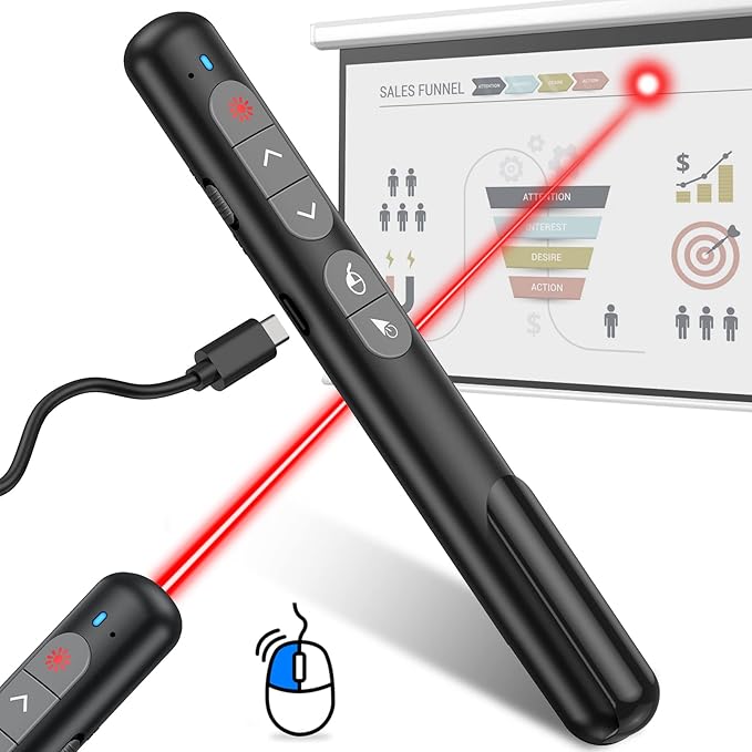 Wireless Presentation Clicker with Air Mouse Function - Rechargeable RF 2.4GHz USB Slide Clicker for Powerpoint, Mac, Laptop, Computer