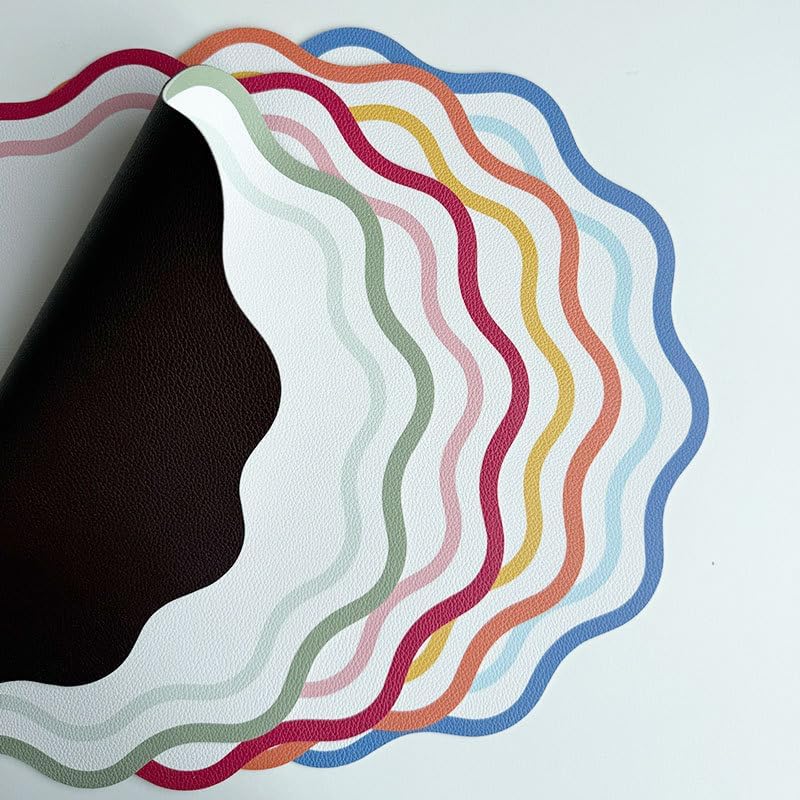 Printed Flower Shape Leather Placemat Insulated Table Mat for Kitchen Dining Table Striped Waterproof Heat-Resistant Plate Mat (Flowers Light green1,34cm Round)