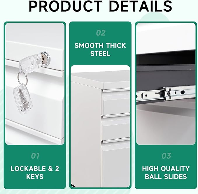 Letaya 3 Drawer Mobile File Cabinet with Lock, Under Desk Metal Rolling Filing Cabinets for Home Office Organizer Letters/Legal/A4 (White- Requires Installation) (White)