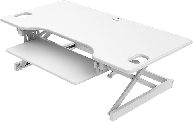 Rocelco 46" Large Height Adjustable Standing Desk Converter - Quick Sit Stand Up Triple Monitor Riser - Gas Spring Assist Computer Workstation - Retractable Keyboard Tray - White (R DADRW-46)