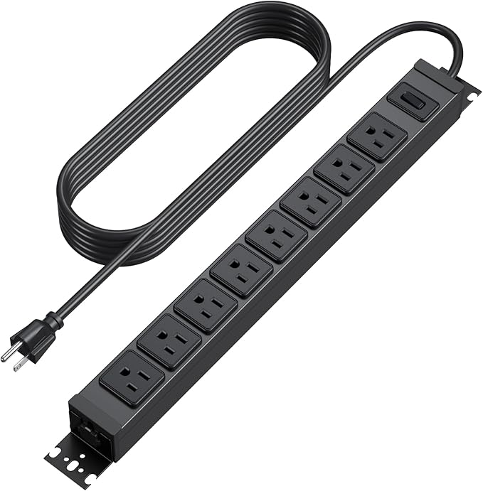 HHSOET Metal 360° Rotating Mountable Power Strip, 8 Outlet Gaming Table Mounted Outlet Strip, Heavy Duty Wall Mount Surge Protector with Switch, 15A 125V 1875W, 10ft Power Cord.(Black)