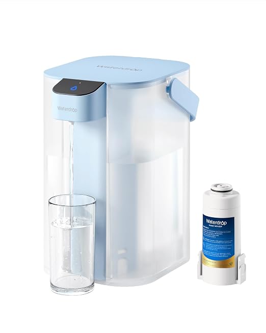 Waterdrop ED01LB Electric Water Filter Pitcher, 15-Cup Capacity, Light Blue | NSF/ANSI 42&53&401&372, Reduce 99.6% of Lead and 45+ Impurities, Rechargeable Instant Dispenser, Does not Lower TDS