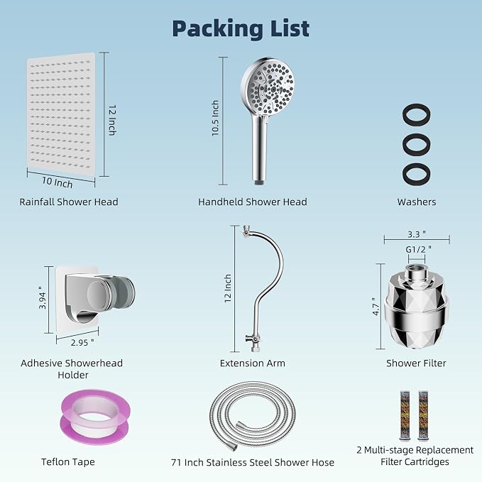 Hibbent All Metal 12'' Dual Filtered Rainfall Shower Head Combo, High Pressure Handheld Shower Head with 12'' Adjustable Curved Extension Arm, 20 Stage Shower Filter, 10-spray, 71'' Hose, Chrome