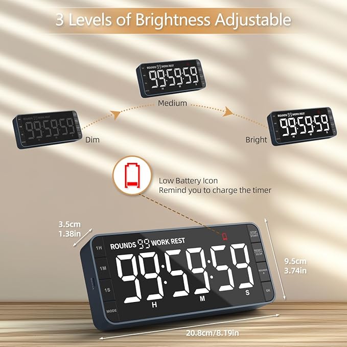 7.8'' Extra Large Rechargeable LED Kitchen Timer - 99H Countdown/Countup, 3 Brightness, 5 Alarms, 4 Volume Levels | Magnetic Large Timer for Cooking, Classroom, Home Gym
