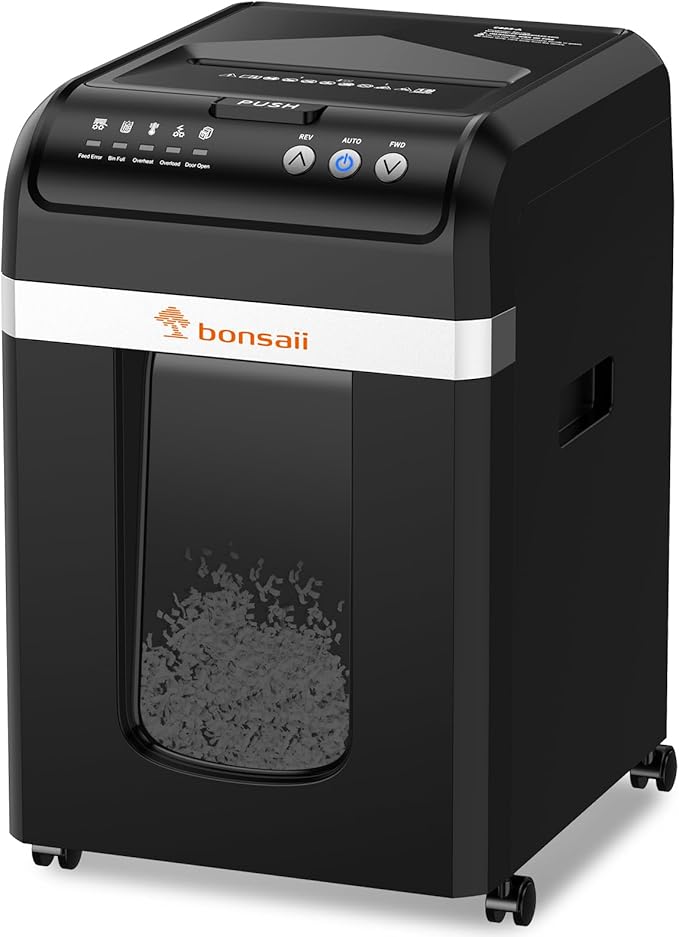 Bonsaii Paper Shredder Heavy Duty, 200-Sheet Auto Feed Micro-Cut 60 Minutes Nonstop P-4 High Security Shredders, 8.1 Gallon Large Bin Document Shredder for Office, Commercial Grade Shredder (C283-A)