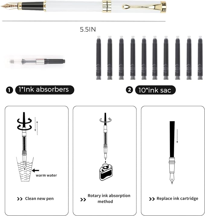 Tiankool Luxury Fountain Pen,Fine Nib, Exquisite Pen Gift Set for Men&Women-Includes 10 Ink Cartridges&Ink Converter- Nice Pens - White