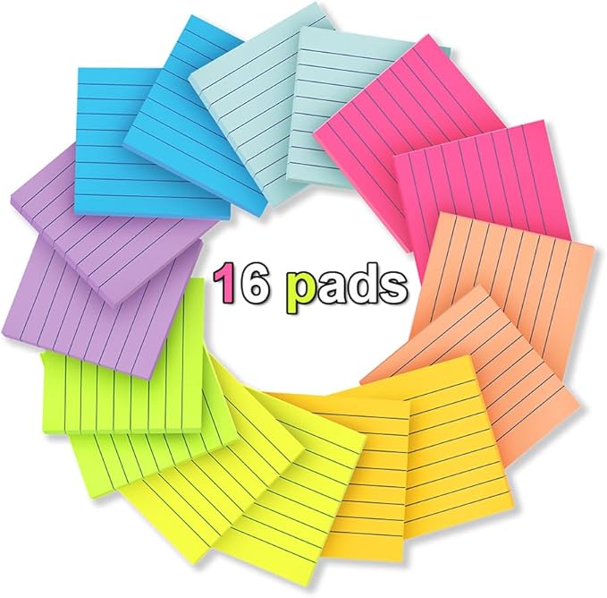 (16 Pack) Lined Sticky Notes 3x3 in Ruled Stickies Super Sticking Power Memo Pads Bright Colors