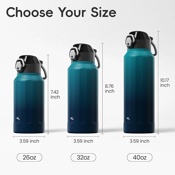 Konokyo FLOWPLAY 40oz Locking Push-Button Water Bottle with Silicone Spout,Leak-Proof,18/8 Stainless Steel Double-Wall Vacuum Insulated for Sports and Travel,BPA-Free,Sea